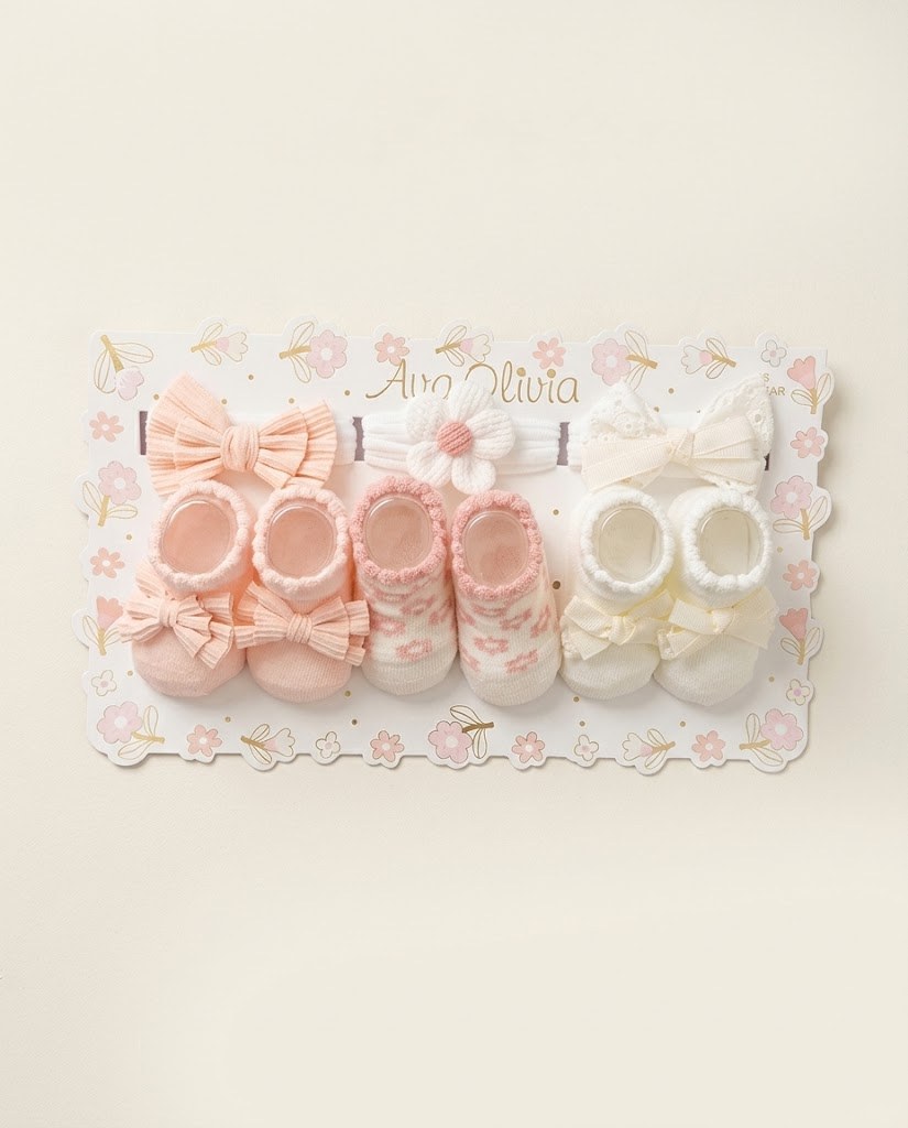 SET 6 PIEZAS - MEDIAS Y CINTILLOS PARA BEBÉ NIÑA